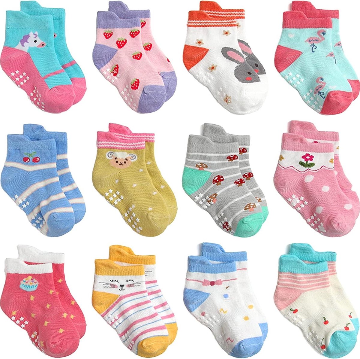 Babysokken 12 Pack - Kindersokjes Katoen - Comfortabel Lopen - Antislip Zolen - 5-7 Jaar - Multicolor