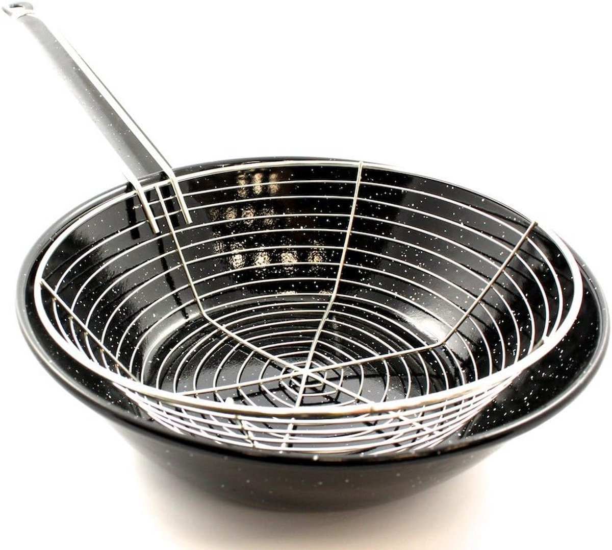 Geëmailleerde Pan met Frituurmand 24 cm – Geschikt voor Inductie, Gas, Keramiek en Elektrisch – Zwart