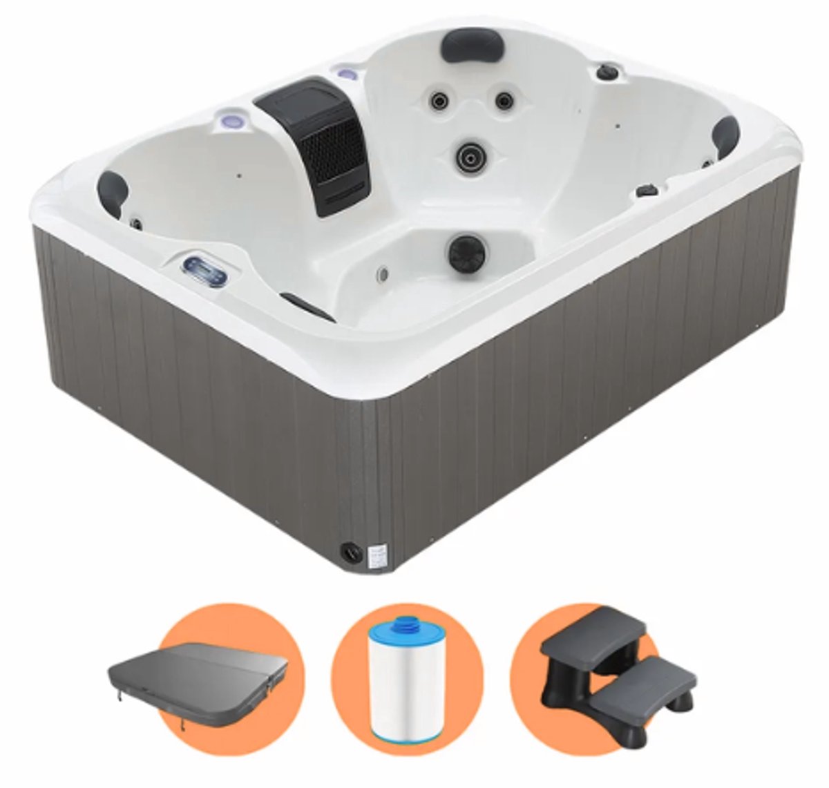 W’eau Como Luxe Spa - 4 Persoons Jacuzzi - 20 Massagejets - Plug & Play - Inclusief Trapje, Isolerende Cover & Filter - Grijs - 210 x 158 cm