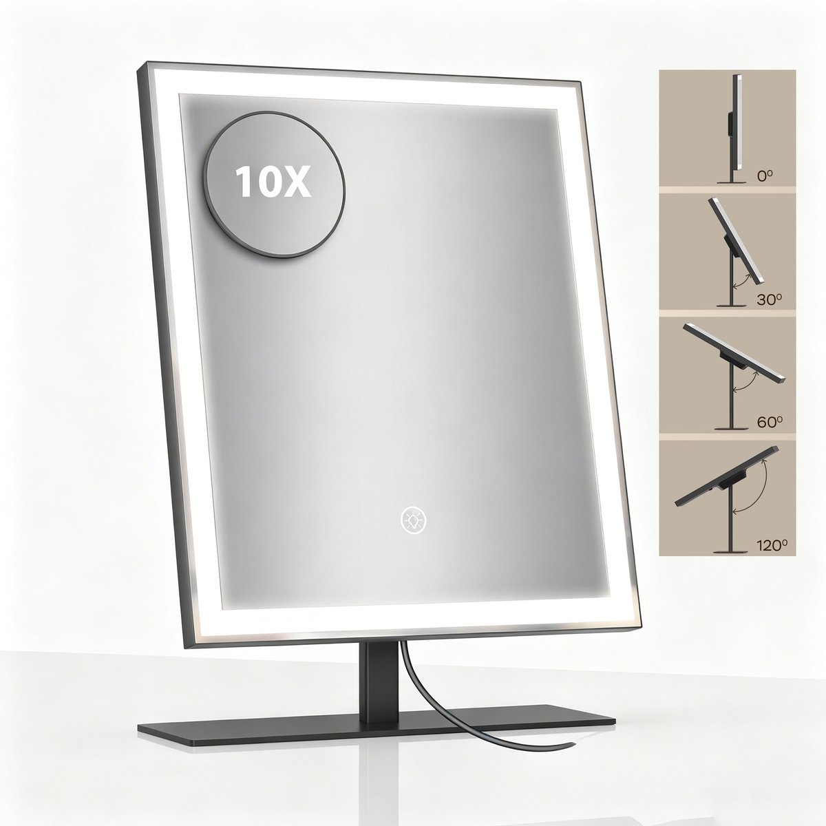 ANTENLICHT Make Up Spiegel met LED Verlichting - 10x Vergroting Licht – Scheerspiegel Klein Op Voet - 3 Lichtstanden - Oplaadbaar - Badkamerspiegel - 34x25CM - Zwart