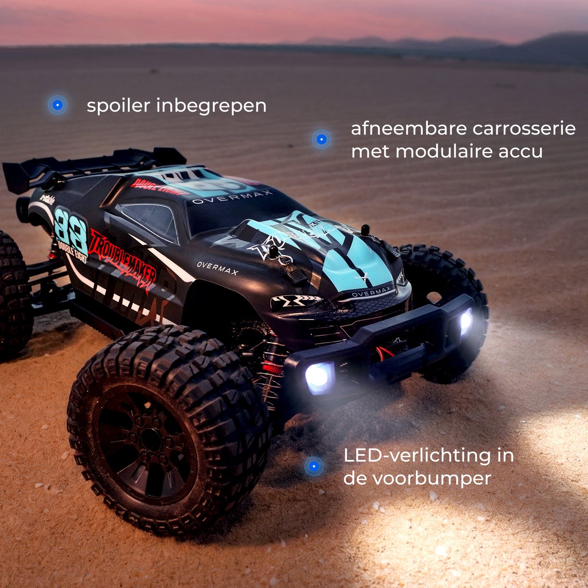 Overmax X-Stable RC auto / RC car – 35 km/h – 4x4 Monster Truck – 1:10 – metalen aandrijving – olie-schokdempers – dubbele LED verlichting – 2 accu’s (tot 40 min rijtijd) – instelbare besturing – actieve rem – offroad terrein model - Bestuurbare Auto — afbeelding 21