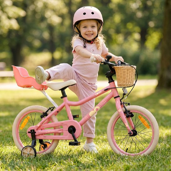 Sun Baby Kinderfiets 16 Inch LOOFI, Fiets voor Meisje 4-6 Jaar, Max 50 kg - licht aluminium frame, met poppenstoeltje, zijwieltjes, mandje, bel, stickers - Roze van Sun Baby — afbeelding 4