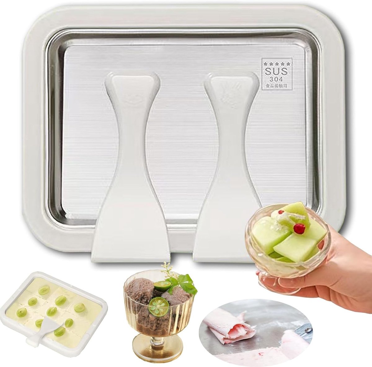Rolled Ice Cream Maker - Zelf IJs Maken - Incl. 2 Spatels - Zonder Stroom - Teppanyaki - IJsmaker IJsmachine - IJsrolplaat - Wit