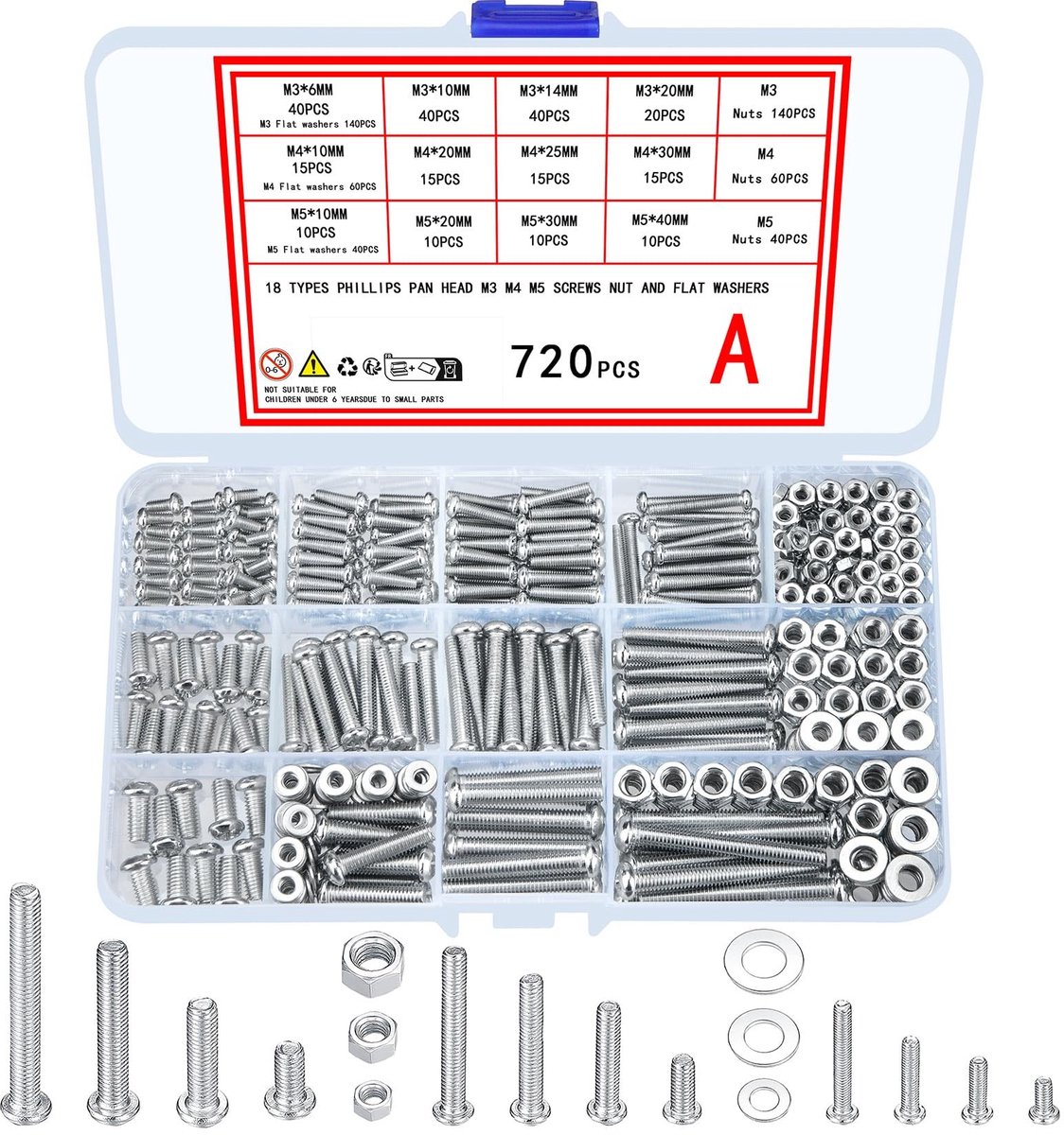 aladdien - M3 M4 M5 Verzinkte Schroeven - Assortiment Set - Voor Thuis en Kantoor - Inclusief Moeren en Ringen - Geschikt voor Industrieel Gebruik