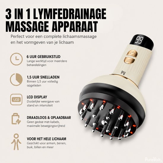 Crèmekleurig massageapparaat met gouden accenten en display '99'. Informatie over gebruiksduur, opladen en functies.