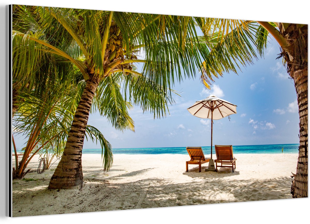 Aluminium schilderij 40x20 cm - Wanddecoratie metaal - Strandstoel - Parasol - Palmboom -