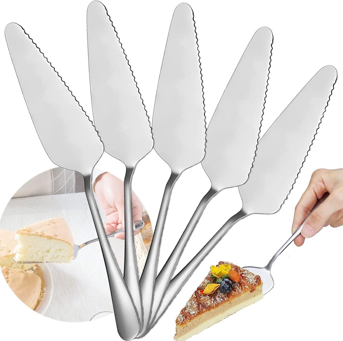 Professionele 5-delige set voor het snijden van pizza en taart, roestvrijstalen gekarteld mes en cake server voor feesten en bruiloften