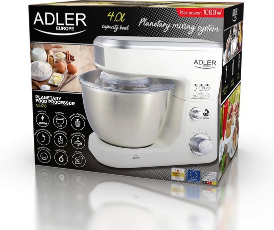 Keukenmachine 4 Liter, 1000W, 6 Snelheden, Planeetbeweging, Roestvrijstaal Kom, Met Accessoires (Kneedhaak, Roerhaak, Garde) - Voor Brood, Pasta, Slagroom — afbeelding 4