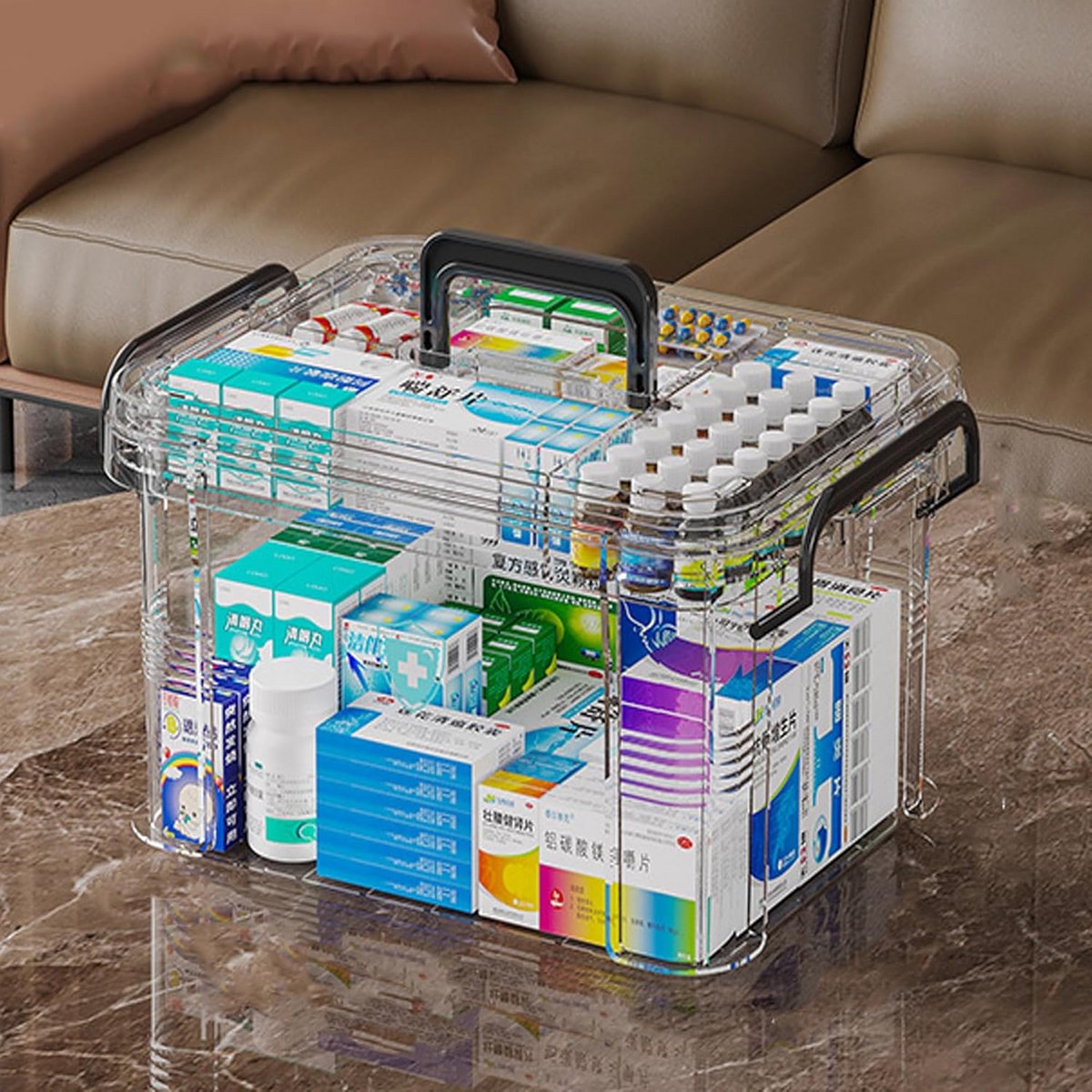Geneeskunde Opbergdoos - Medicijn Container EHBO-doos - Medicijnen Organiseren - Draagbaar Dubbellaags Ontwerp - L (31.7x23.2x18.6cm) - Transparant