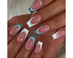 Ceboic 24 stuks korte kunstnagels, om op te plakken, Franse roze glitter, glanzend, om op te plakken, voor vrouwen en meisjes