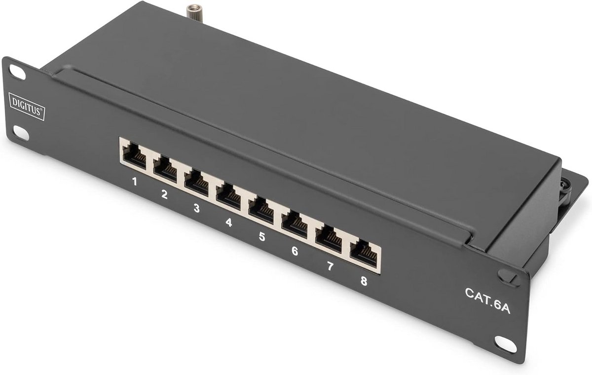 DIGITUS CAT 6A patchpaneel - 8 poorten - RJ45 bussen - 10-inch rack-mount 1U - LSA distributiepaneel - afgeschermd - zwart