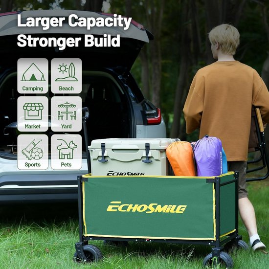 EchoSmile Bolderkar, opvouwbaar, 200 liter, 180 kg belastbaar, handwagen, transportwagen, inklapbaar met verstelbare handgreep, brede wielen, voor alle terrassen, strandwagen, tuinwagen, winkelwagen — afbeelding 4