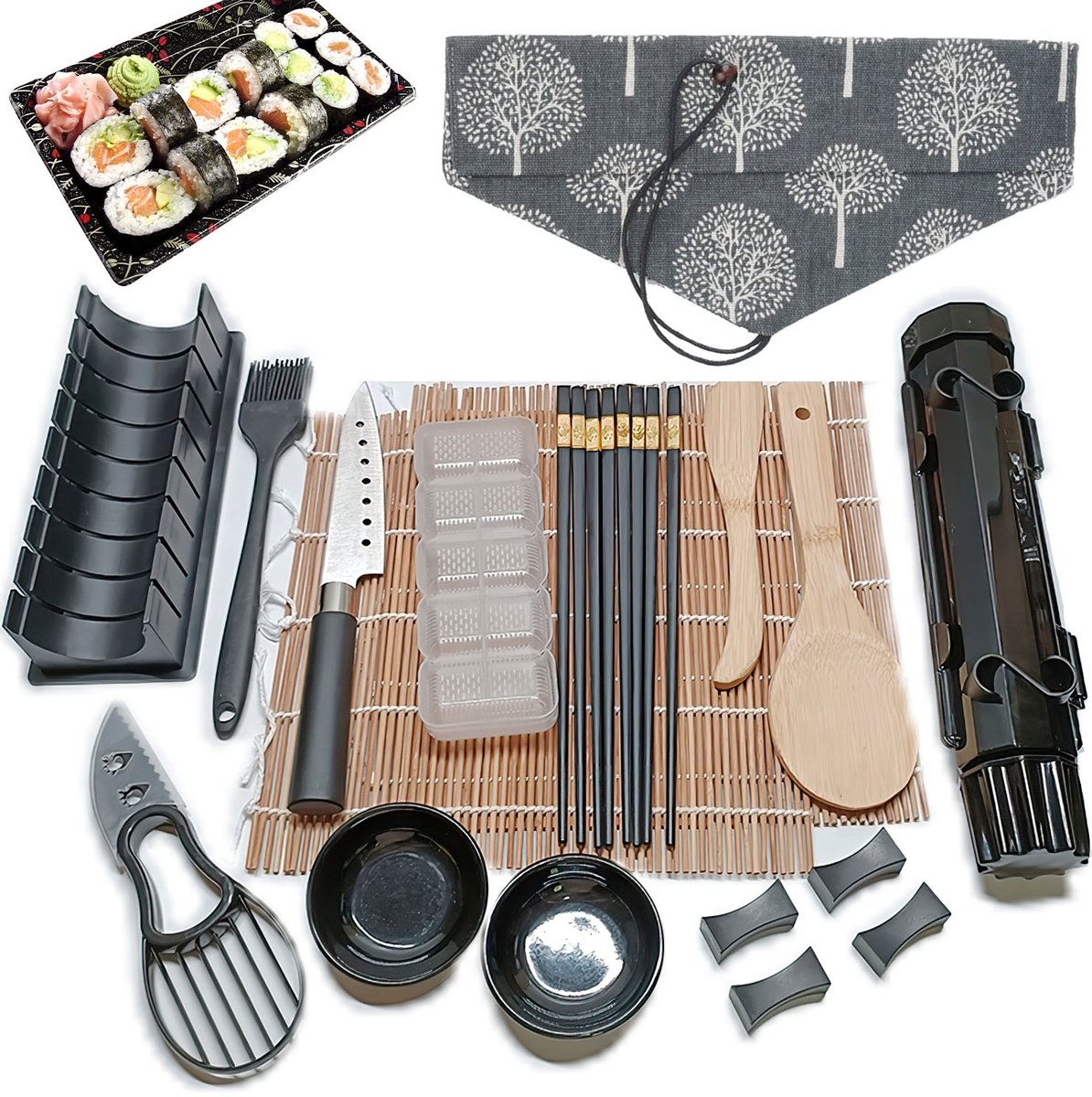21-Delige Sushi Maak Set – Sushi Maker Kit met Sushi Roller, Bamboematten, Sushi Vormpjes & Eetstokjes – Complete Sushi Set voor Zelf Sushi Maken