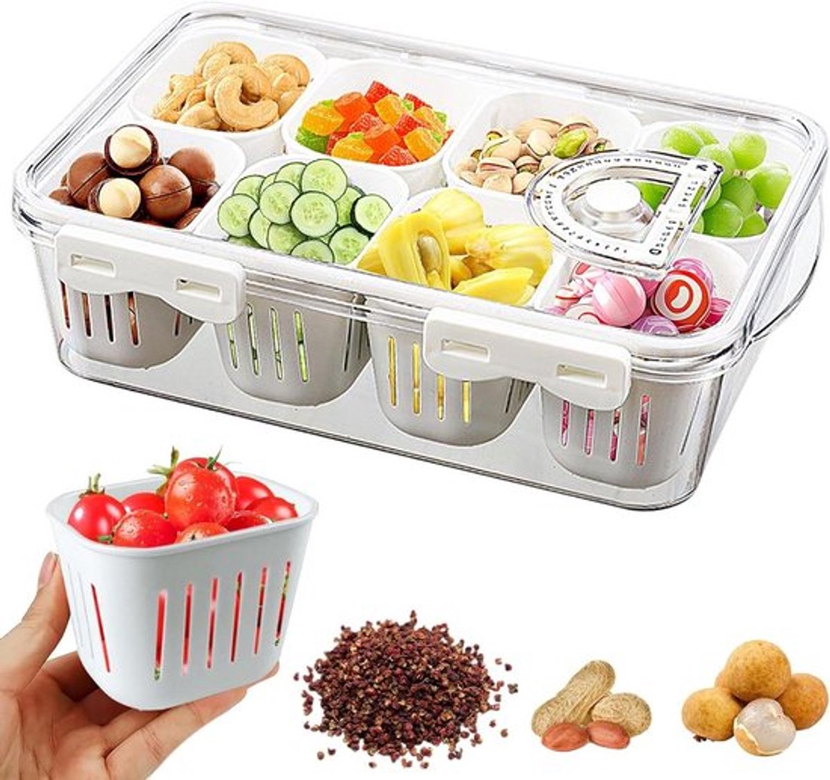 Snackbox met deksel en 8 vakken voor fruit en snacks in de koelkast