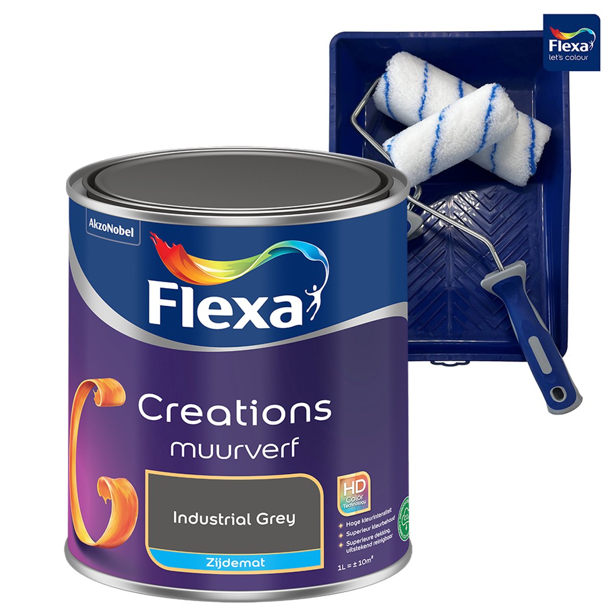 Voordeelpakket Flexa Creations - Muurverf - Zijdemat - 3036 - Industrial Grey - 1 Liter + Muurverf - Roller - 5 Delig