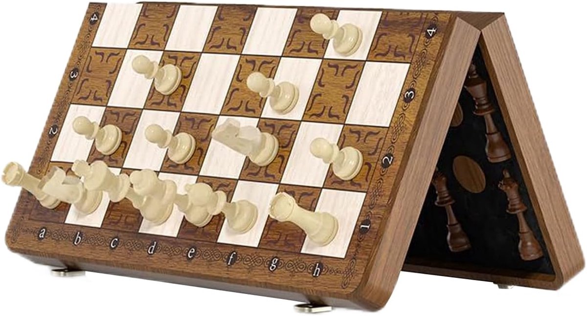 Schaakspel Inklapbaar - Houten Schaken Dammen - Reis Activiteit - Magnetisch Bord - 39.5 cm - Houtkleur