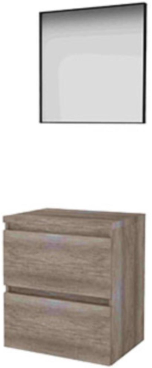 Basic-Line Framed 46 Badkamermeubelset - 60 x 46 cm - Greeploos - 2 Lades - Wastafelblad - Spiegel met Zwart Aluminium Frame - Scotch Oak
