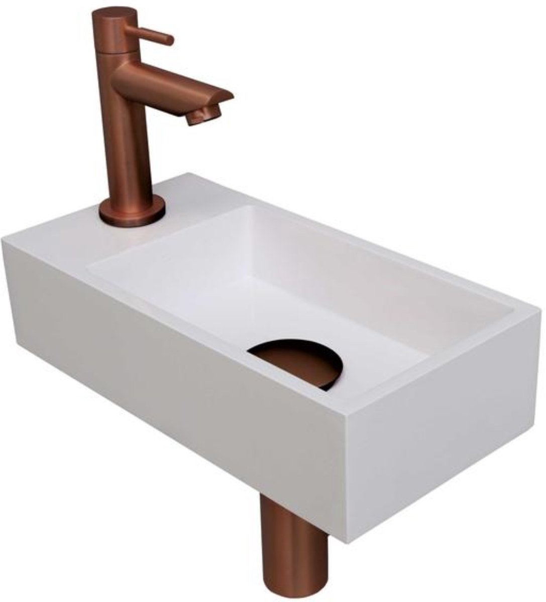 INK - Fonteinpack Polystone Links incl. Fonteinkraan - Design Sifon - Design Plug en Montageset - 360x180x90 Mm - Glans Wit/mat Rose Goud