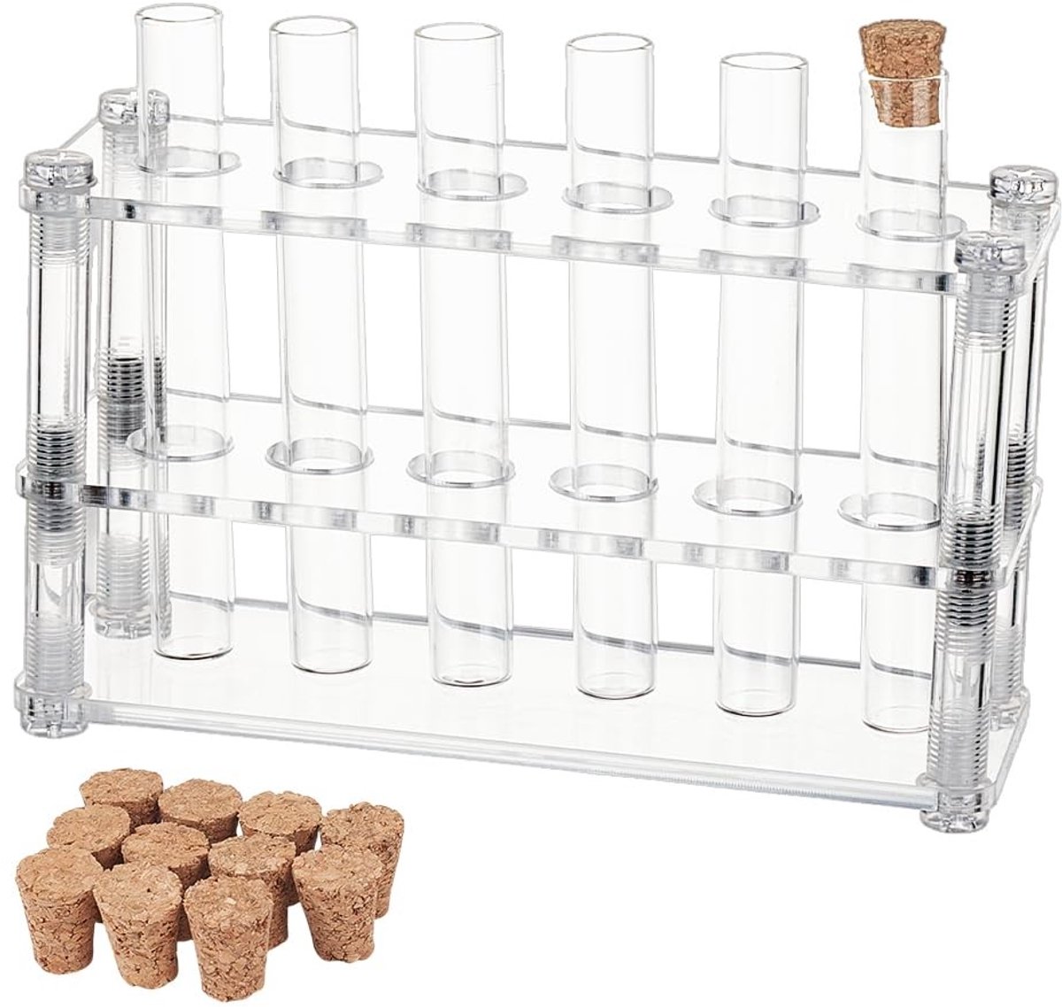 SPHProducts - glazen reageerbuizen - 12 stuks - ideale set voor experimenten - heldere buizen - met rek en kurkstoppen - perfect voor knutselen - 21 x