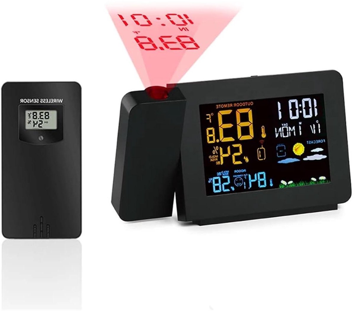 Weerstation Projectie Wekker - Digitale Klok - Weersvoorspelling Binnen - Draadloze Buitensensor - 1 Stuks Sensor - Zwart