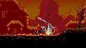 2D-gameplay: twee krijgers met capes strijden met zwaarden in een rode, post-apocalyptische wereld met hutten.