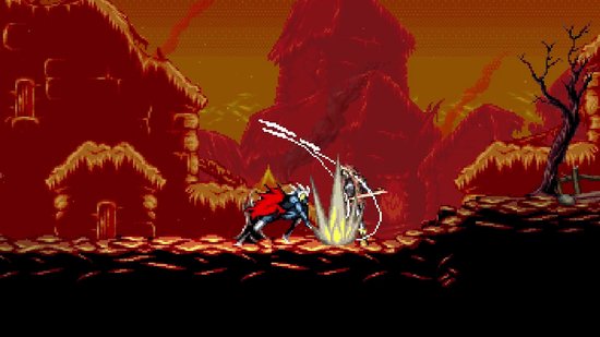 2D-gameplay: twee krijgers met capes strijden met zwaarden in een rode, post-apocalyptische wereld met hutten.