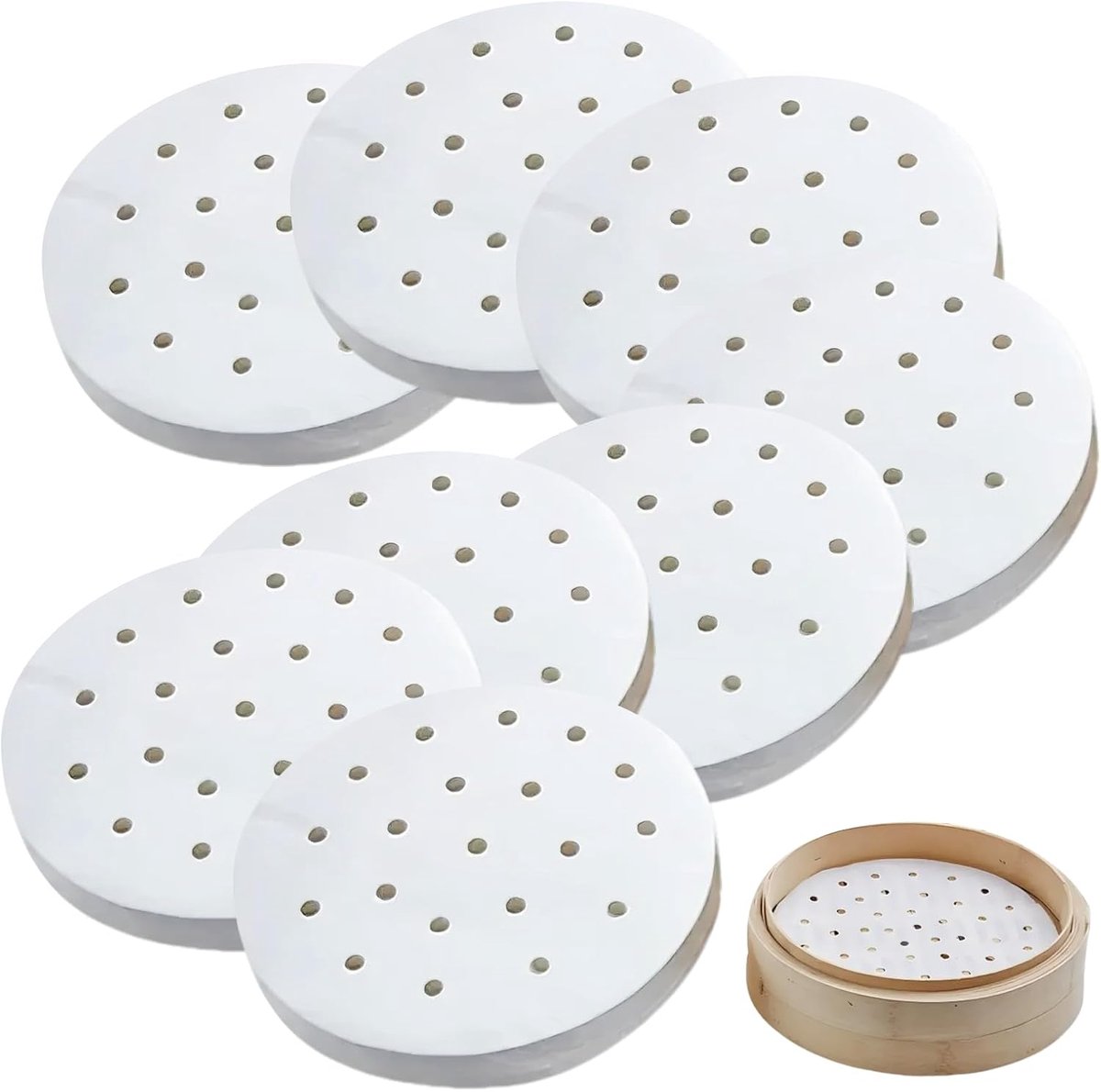 200 Stuks Geperforeerd Stoompapier Rond 22 cm voor Dim Sum en Airfryer