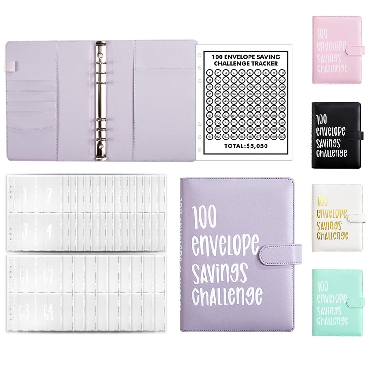 aladdien - Budget Binder - A5 Ring Binder - Bespaaruitdaging Planner - Lila - Budget Planner - Voor thuis, school en kantoor - 100 enveloppen