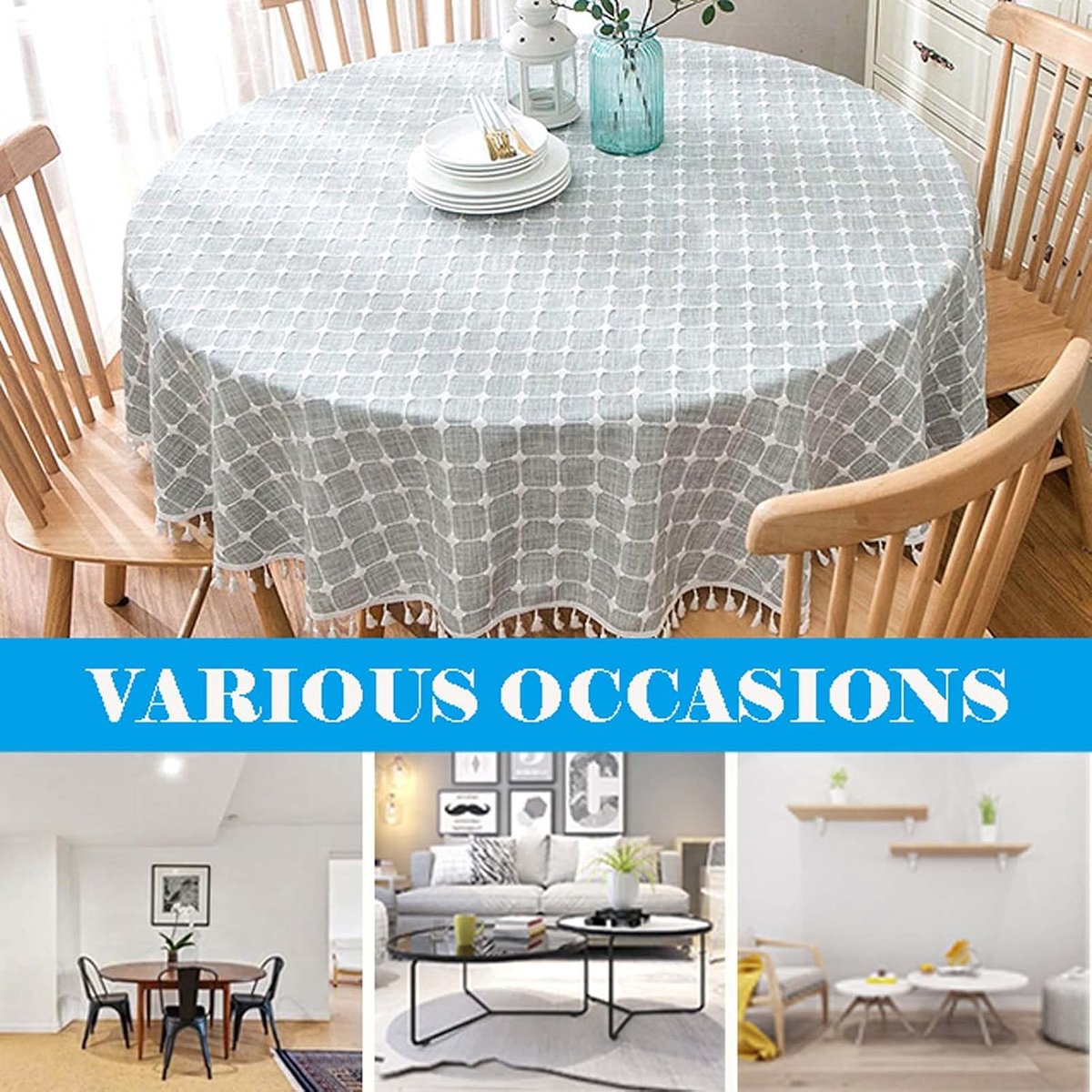 Rond Tafelkleed - Linnen Kleed - Eettafel Decoratie - Met Plaid Kwastjes - 280 cm - Blauw