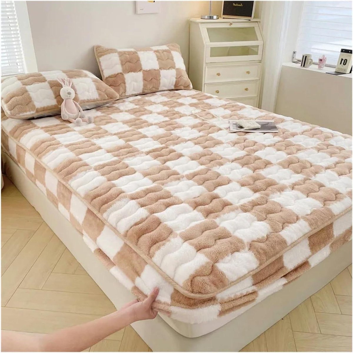 Hoeslaken - Matrasbeschermer - Warmte Vasthouden - Pluche Flanel - 200x220 cm - Zwart-wit geruit