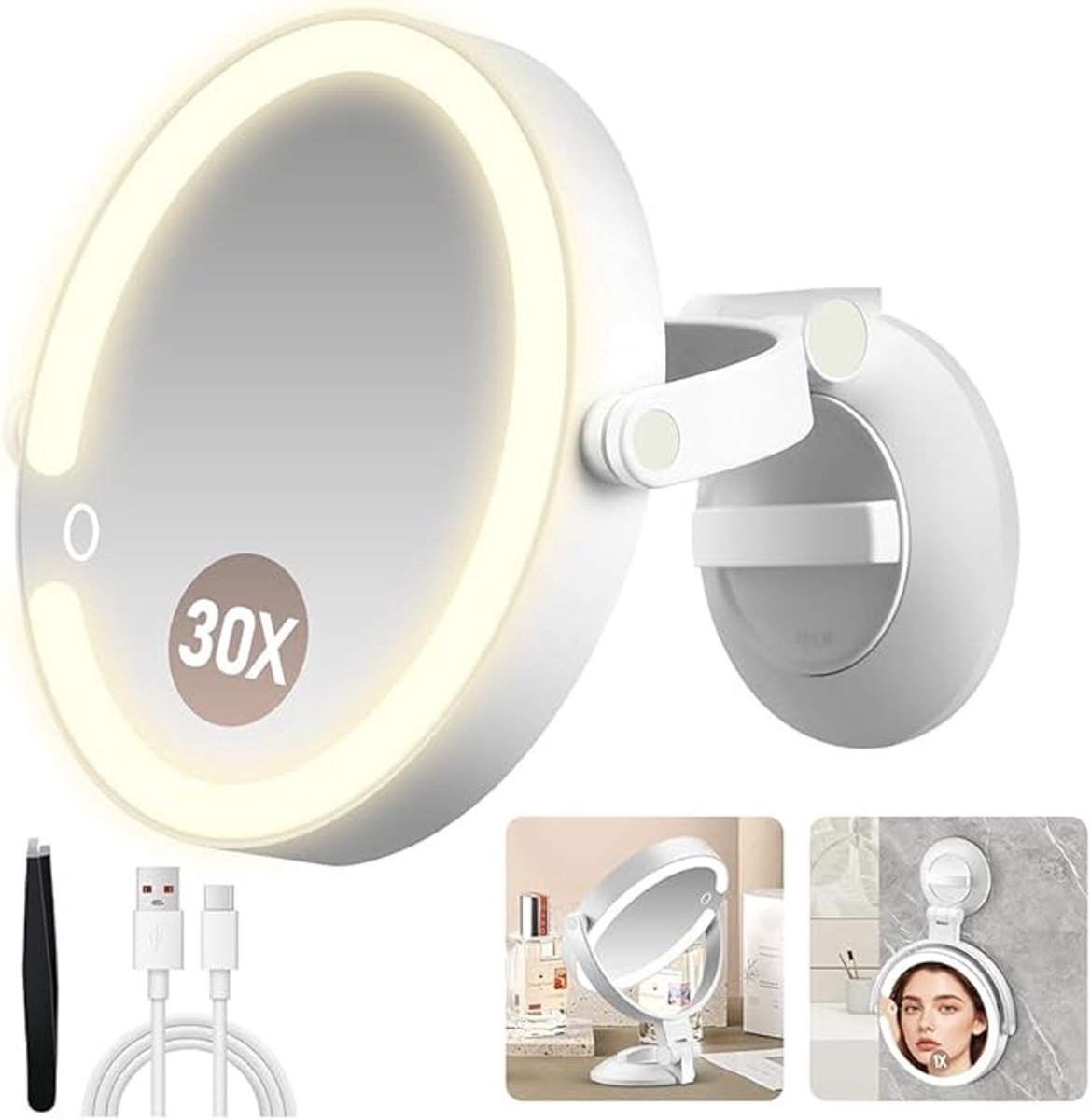 Dubbelzijdige make-upspiegel met LED-verlichting en 30x vergroting