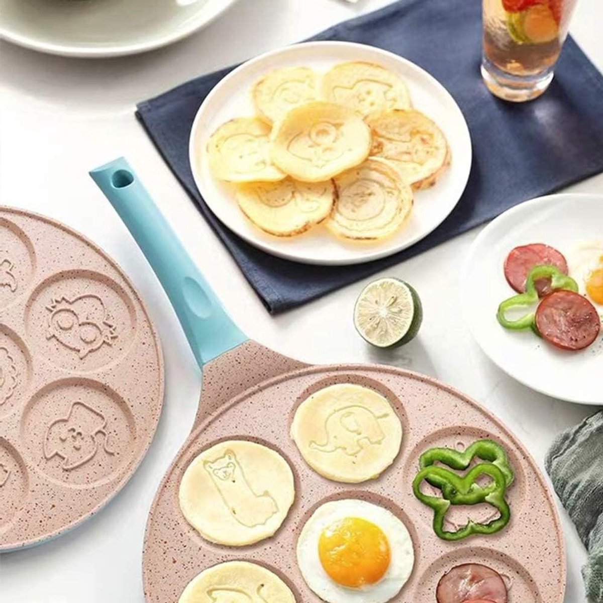 Pannenkoekenpan Dier - Bakplaat Schotel - Ontbijt Maken - 7 Vormen Tegelijk - 26x42 cm - Blauw