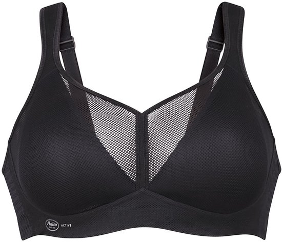 Zwarte sportbeha van Anita Active met mesh inzetstukken op het décolleté en verstelbare bandjes.