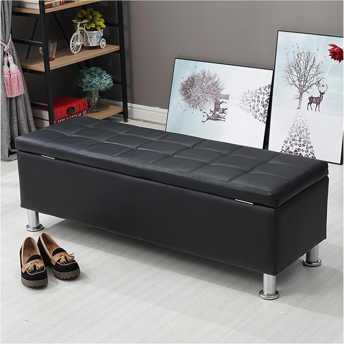 Opbergbank Kubus - Voetenbank Ottomaans - Ruimte Organiseren - Stevig Houten Frame - 40cm - Zwart
