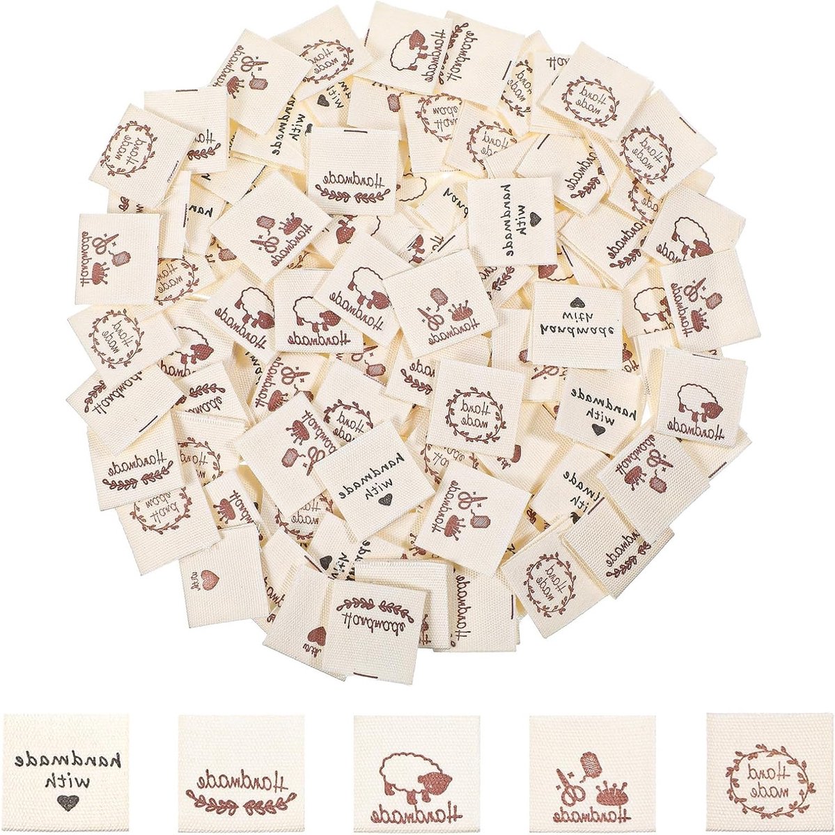 Handgemaakte stoflabels - 100 stuks beige kledinglabels, naai labels, textiel tags voor kleding en accessoires