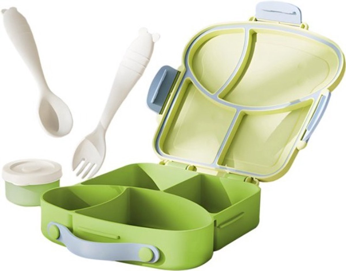 Lunchbox met sausbox ‌en bestek‌ - Lekvrij Bento Box 900ml voor Diepvries, Vaatwasser & Magnetronbestendig - met Silicone Afdichtring - met 4 Vakken Voor volwassenen en kinderen‌ - Groen -20.5×21.5×5cm - 100% Lekvrij, BPA-vrij & Magnetronbestendig