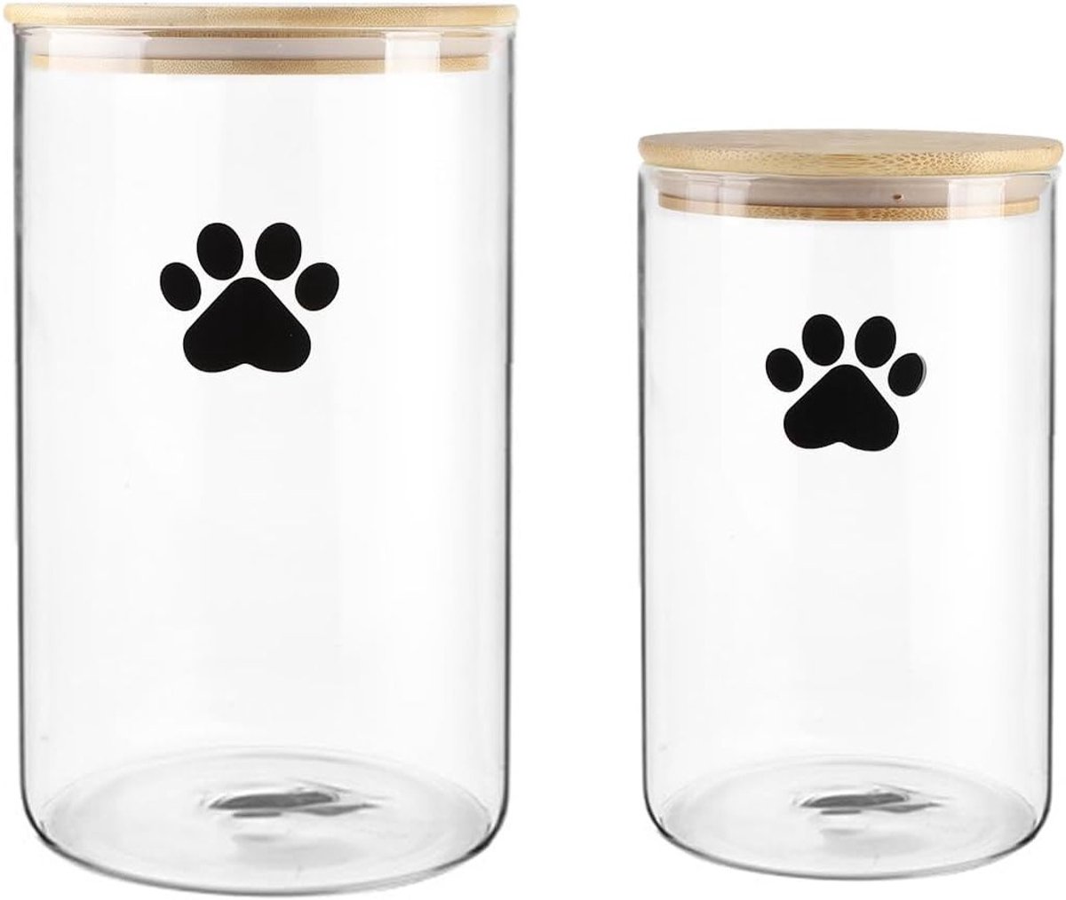 Set van 2 glazen voedercontainers voor honden en katten, met bamboekap, luchtdichte opslag voor hondenkoekjes en snacks, ideaal voor dierenvoer