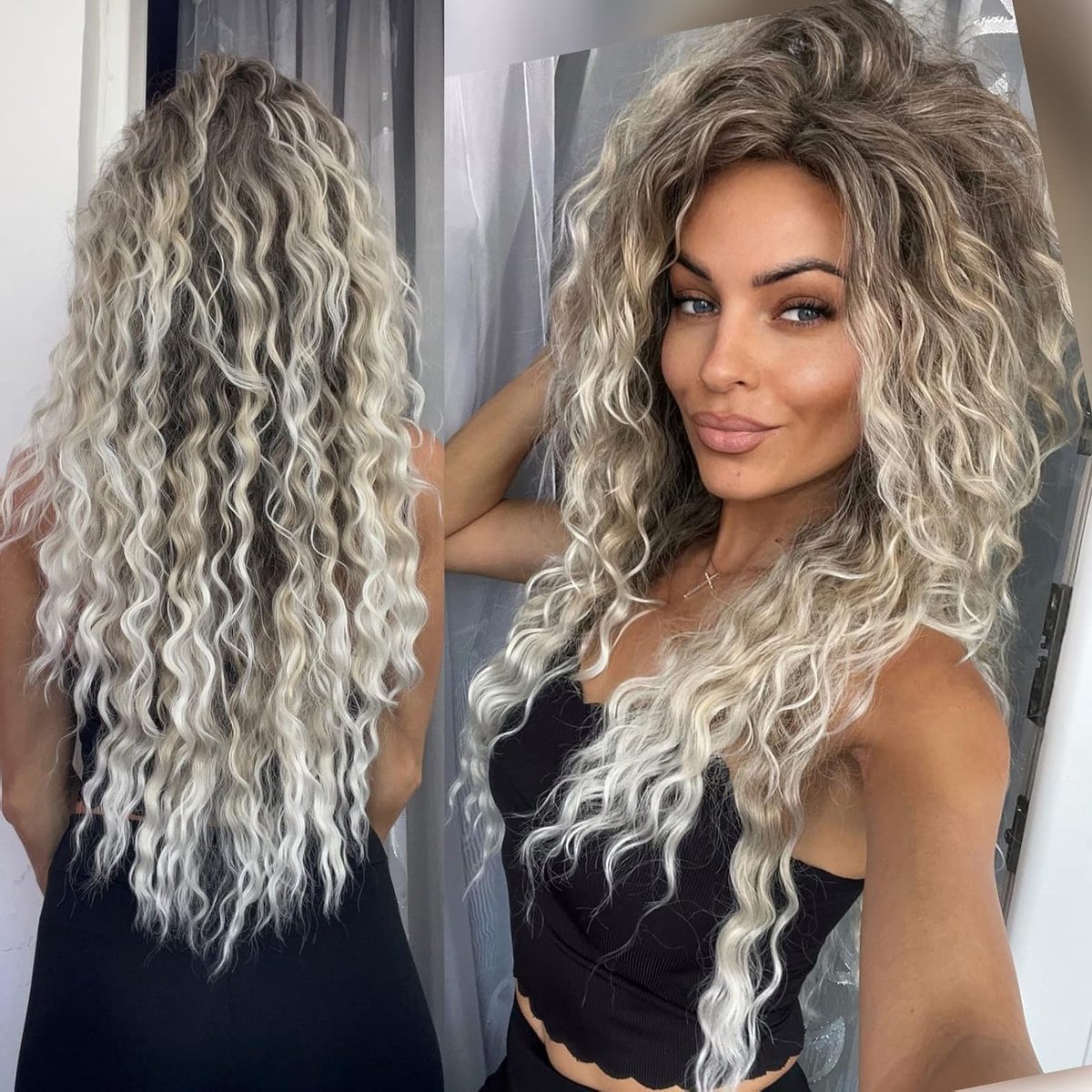 26 Inch Krullende Peruc k Ombre Asblond voor Vrouwen - Zachte Synthetische Vezels voor Carnaval en Halloween Kostuum