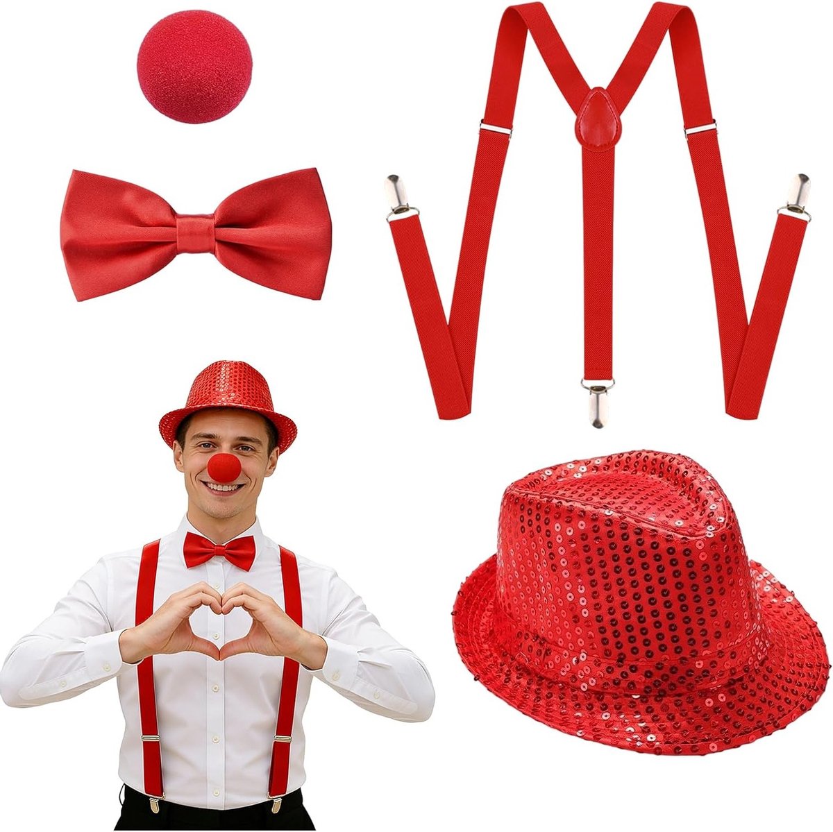Stijlvol 1920s Gatsby Kostuum Set voor Mannen - 4-delig met Braces, Neus, Strik en Hoed voor Halloween, Feest en Carnaval