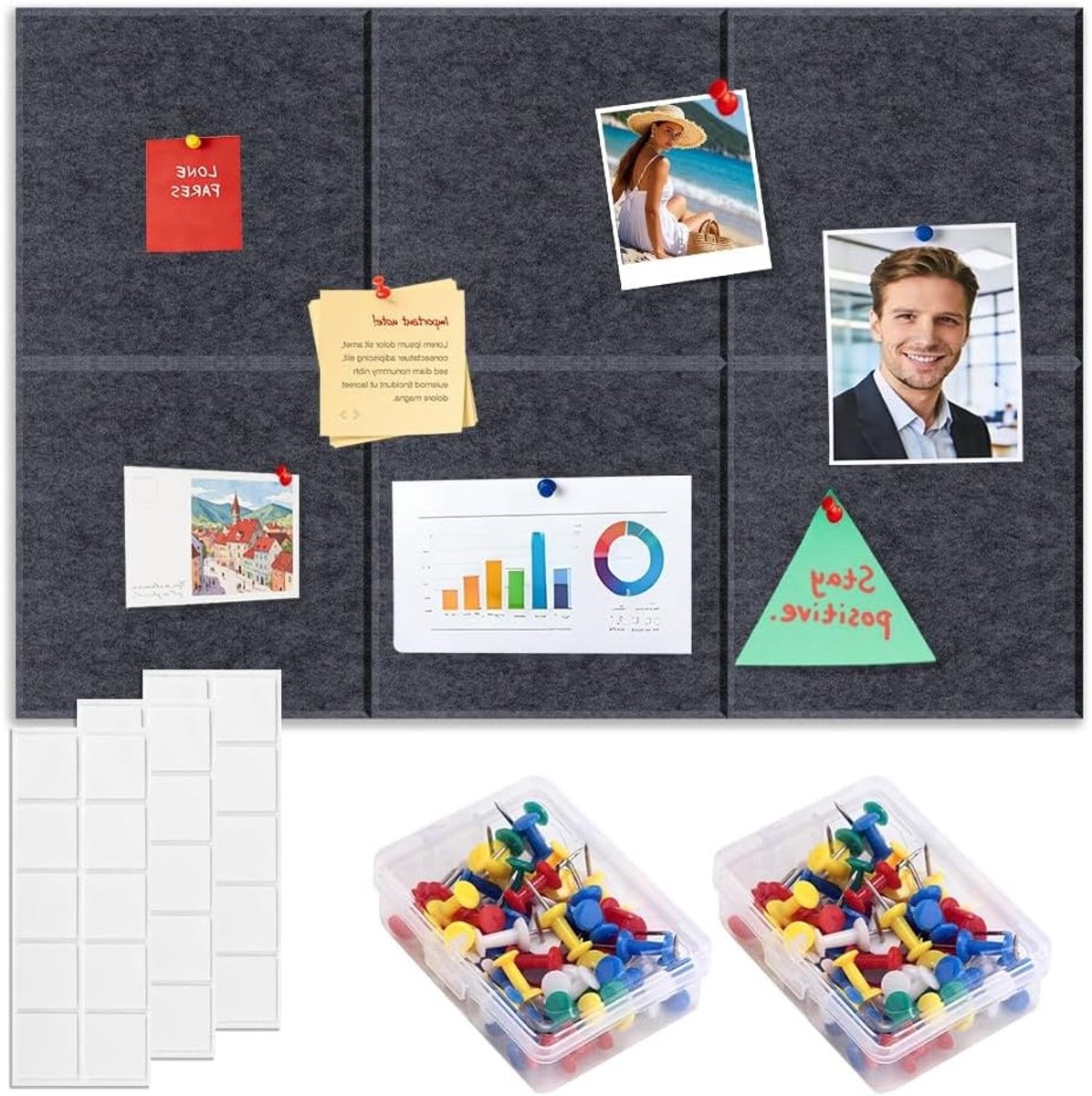 Grote Korken Prikbord 90 x 60 cm met 6 Stuks Foto Bord, Zelfklevend, Decoratief Prikbord met 60 Spelden en 30 Verwijderbare Plaktabletten, Ideaal voor School en Thuisgebruik