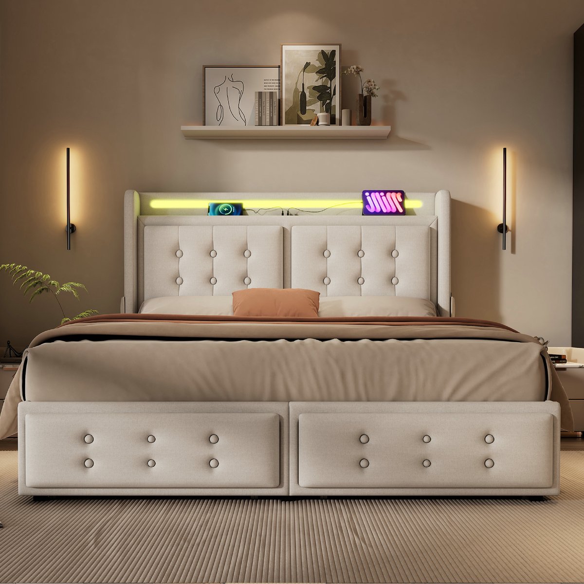 VVBV Gestoffeerd Tweepersoonsbed 160x200cm Beige met 4 Lades, LED-Hoofdbord, USB-C & Stopcontacten, Lattenbodem (Zonder Matras)