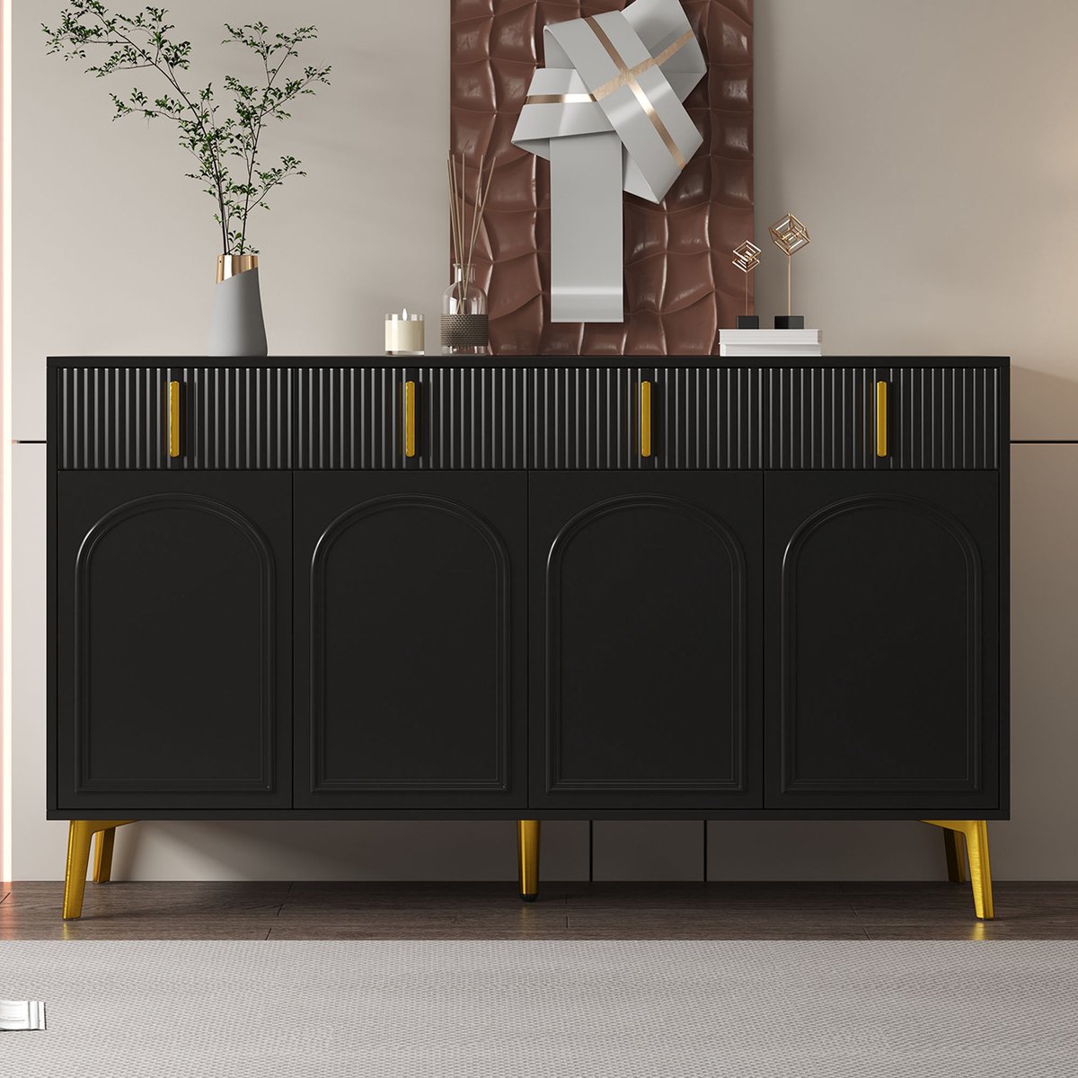 KOMHTOM BLACKCOLORS Dressoir met gouden handgrepen en poten, 4 deuren, 4 lades, met uitneembaar laminaat, geschikt voor woon- en eetkamer, 140*38*82 cm. Zwart