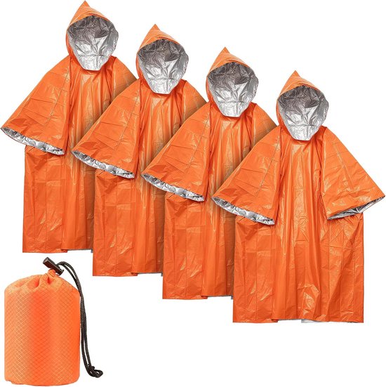 Nood poncho，4 stuks noodregenponcho, reddingsdeken, bivakzak, noodslaapzak, EHBO-warmtedeken, isolerend en waterdicht, geschikt voor kamperen, wandelen en noodsituaties