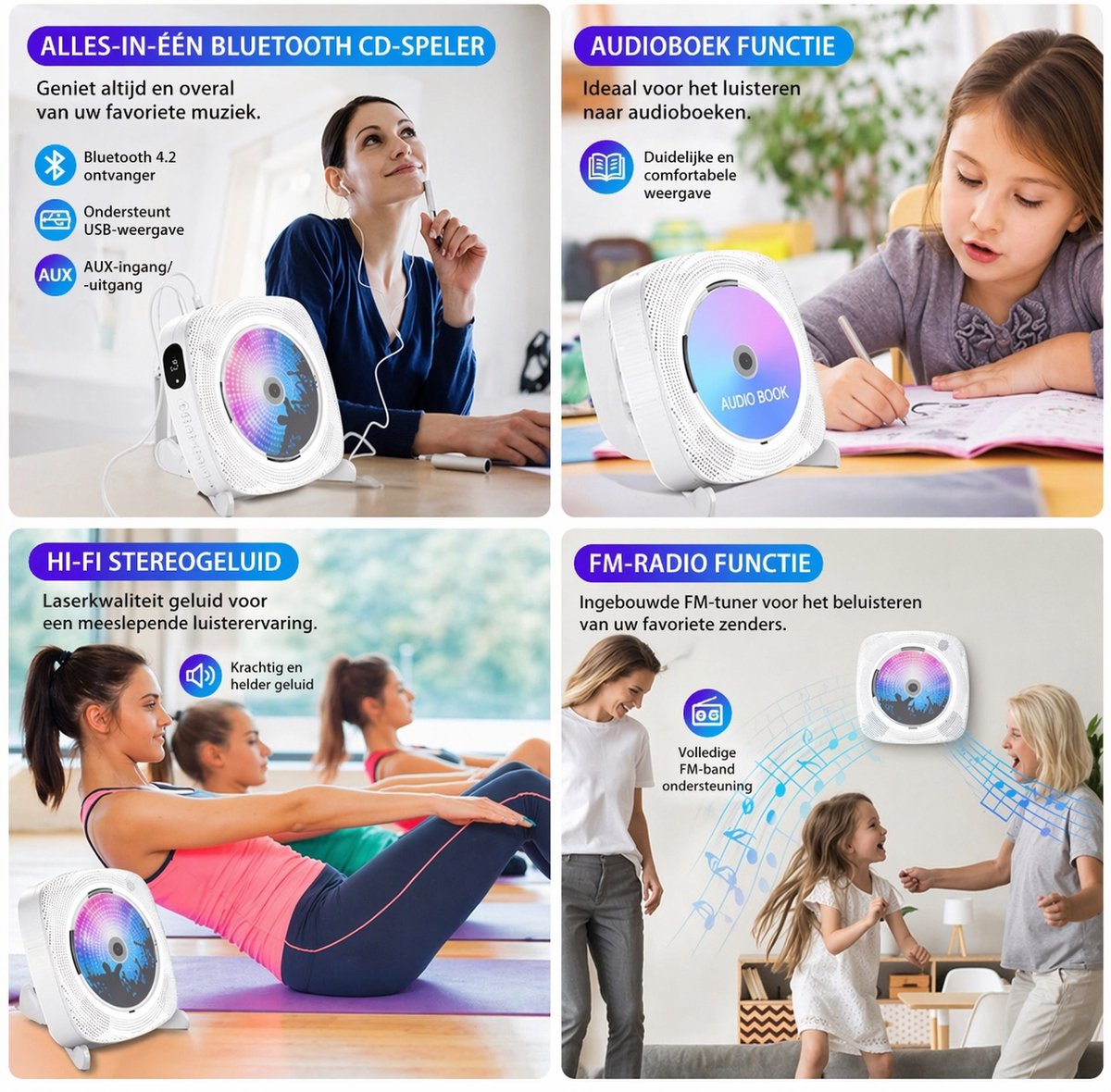 2 IN 1 Draagbare CD/DVD Speler Met HDMI - Bluetooth - USB - FM-Radio - AUX - Wand Monteerbaar - Wit thumbnail 2