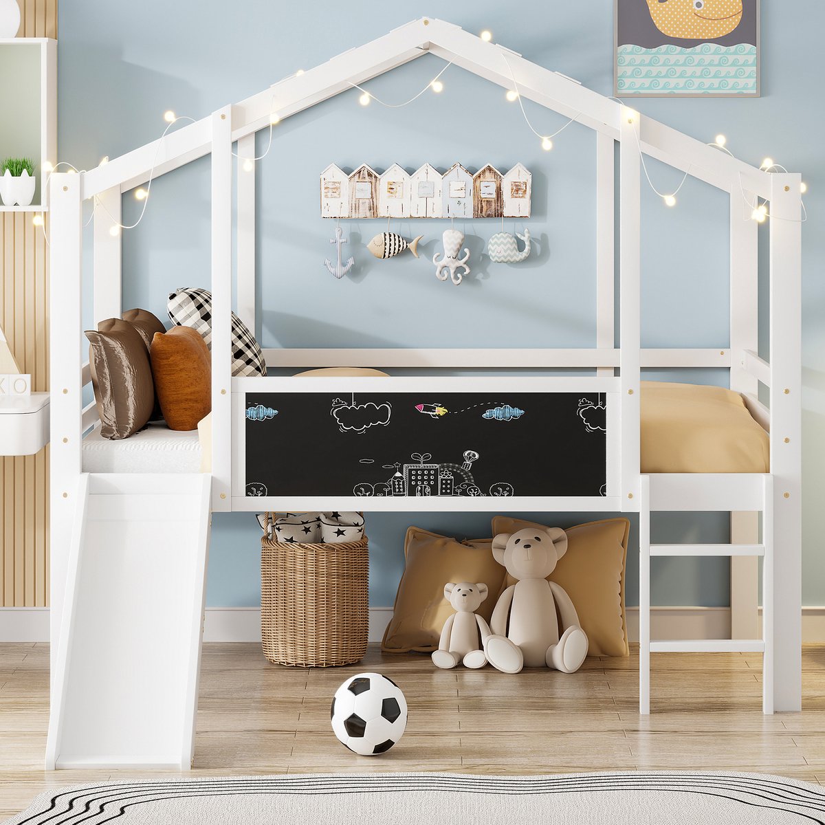 VVBV Hoogslaper 90x200 / Hoogslaper met glijbaan / Kinder hoogslaper – met Opbergruimte, Veiligheidshek, Ladder – Massief Hout – Wit – Glijbaan en Ladder White