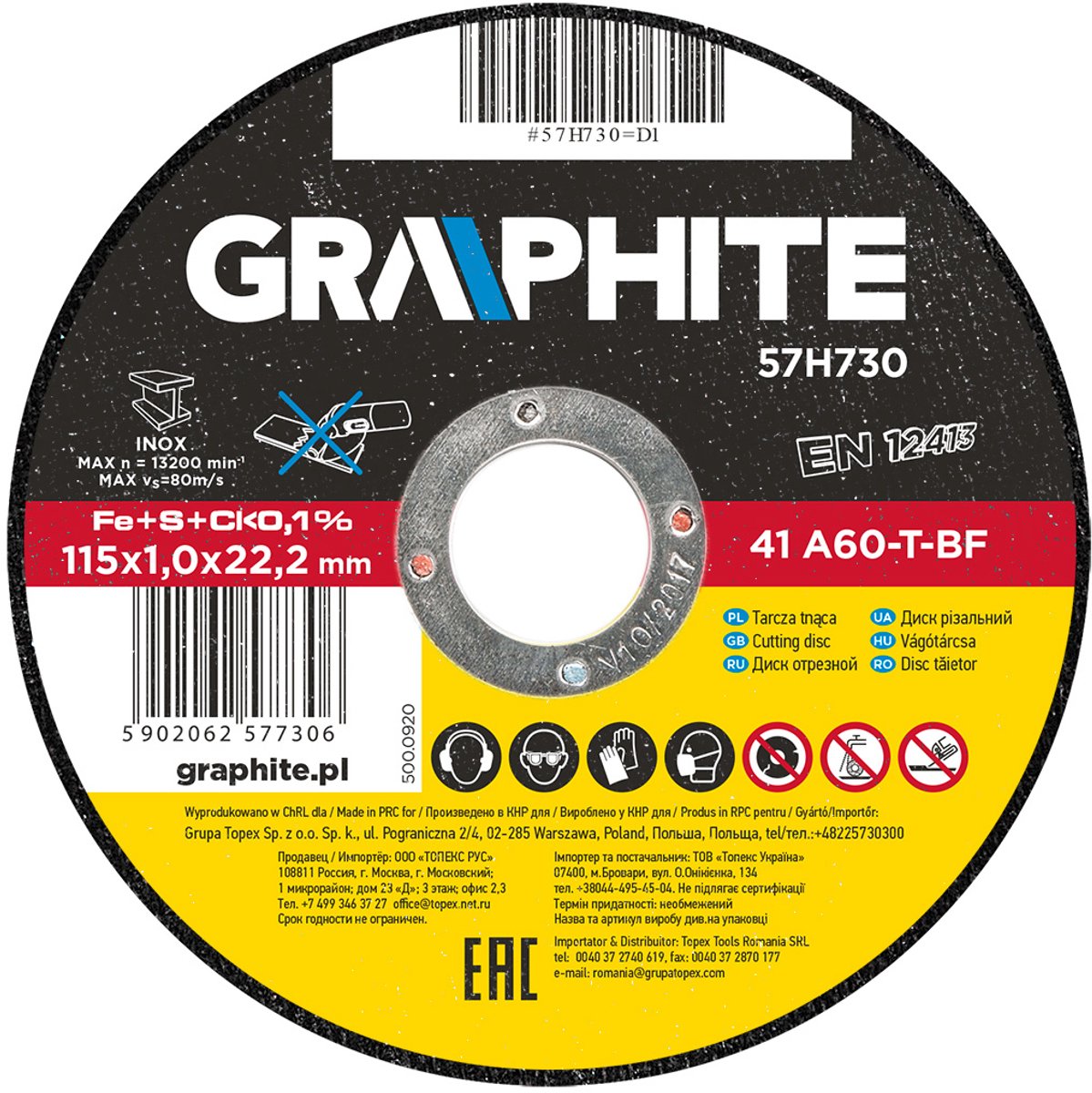 Graphite INOX Serie - Metalen Snijschijf - 115 x 1.0 x 22.2 mm - Hoge Veiligheid - EN12413