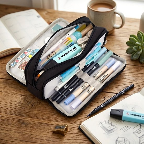 Zwart pennenetui met pennen en markeerstiften, op een houten tafel naast een notitieboek. Een hand pakt een pen uit de etui.