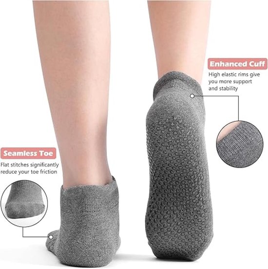 3 Paar - Dames Antislip Yoga Pilates Sokken - Yoga Sokken - Roze, zwart, grijs - Antislip sokken - Ademend Katoenen Enkelsokken met Grip - Voor Ballet, Dans, Fitness & Dagelijkse Workouts — afbeelding 2