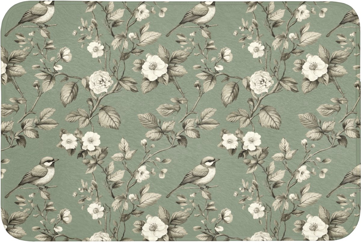 WC mat 90x60 cm - Antislip - Botanisch - Vogels - Groen - Toiletmat - Vloermat - Douchemat