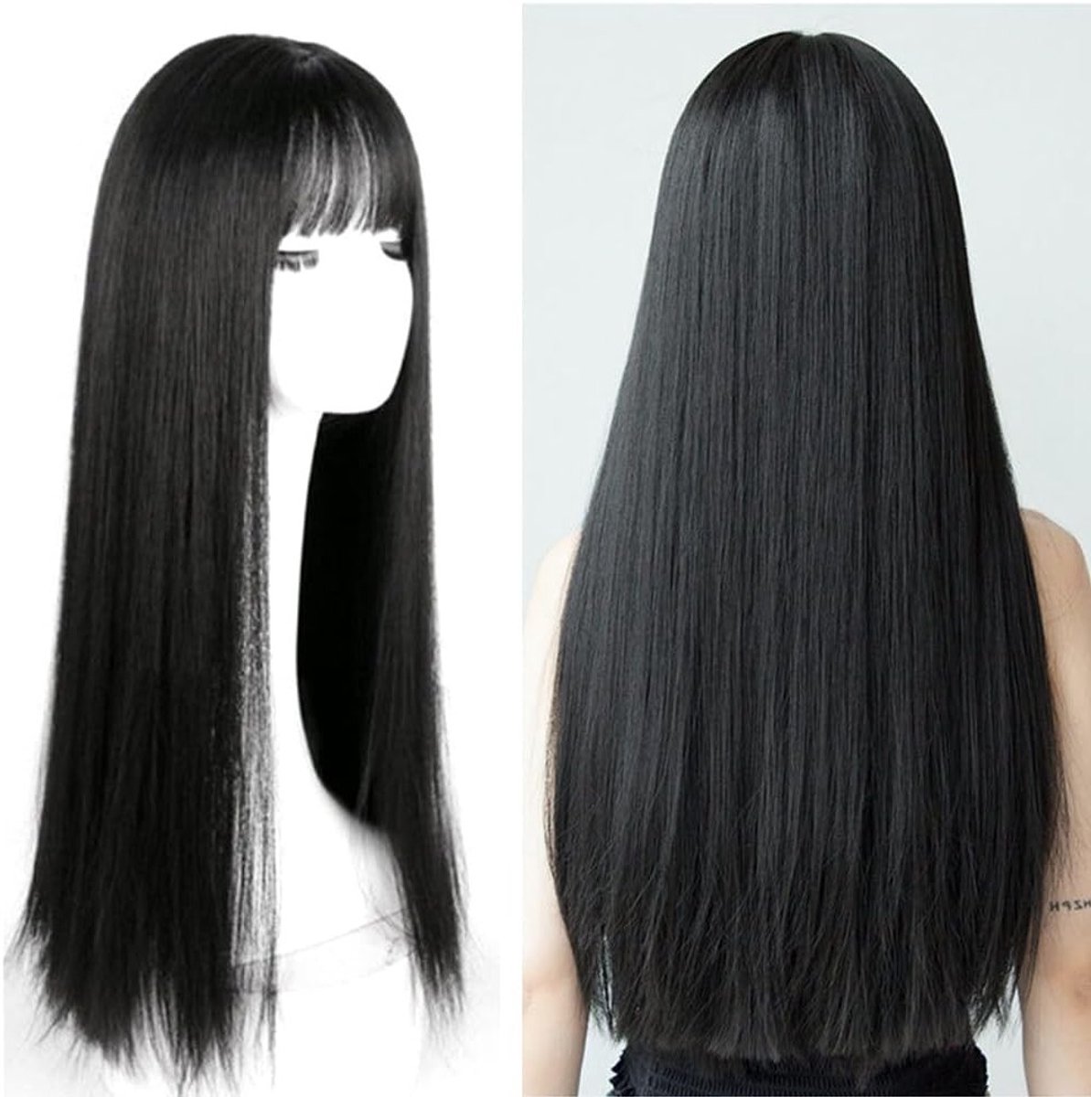 Zwarte Lange Steile Peruk met Pony 72cm Natuurlijke Synthetische Haardos voor Cosplay, Feest en Halloween